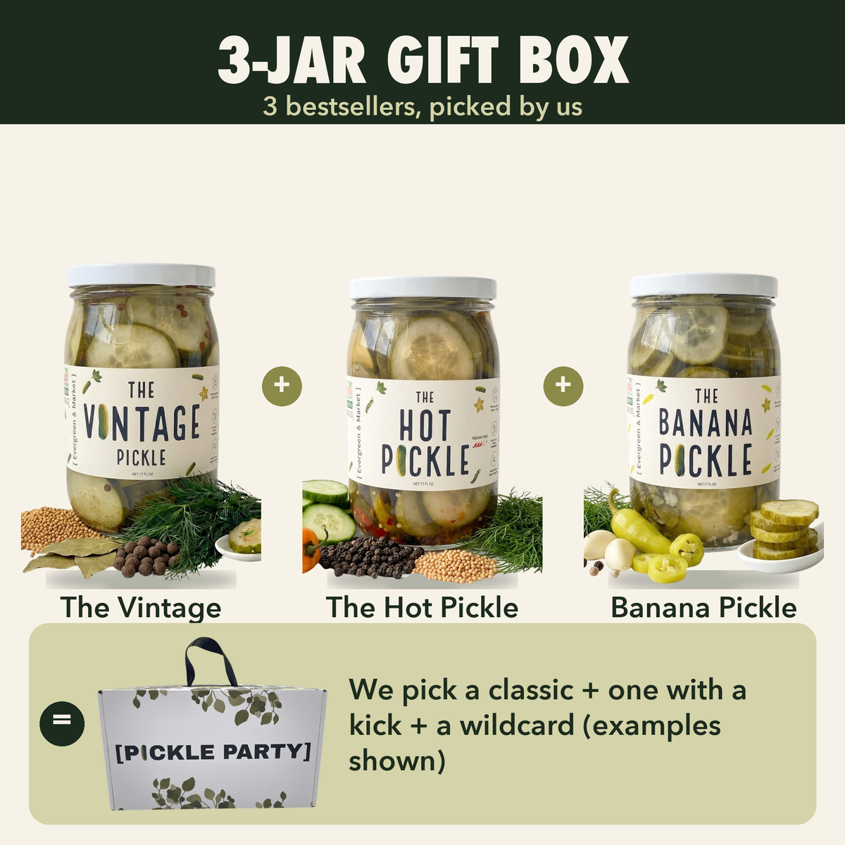 3-Jar Gift Box of gourmet pickles by [PICKLES], made in small batches in Atlanta