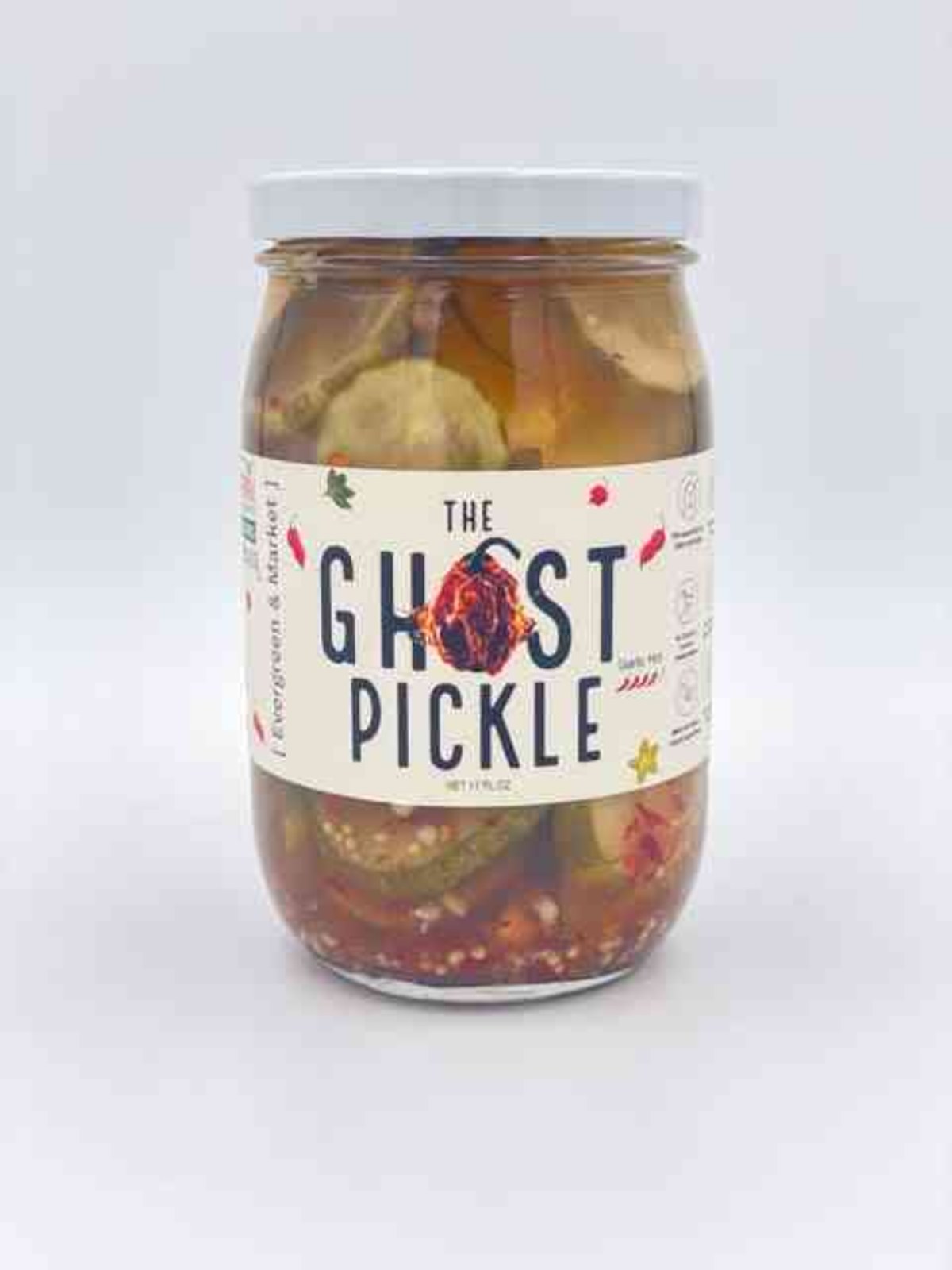 The Ghost Pickle 17 oz jar by [PICKLES], front and back of the label