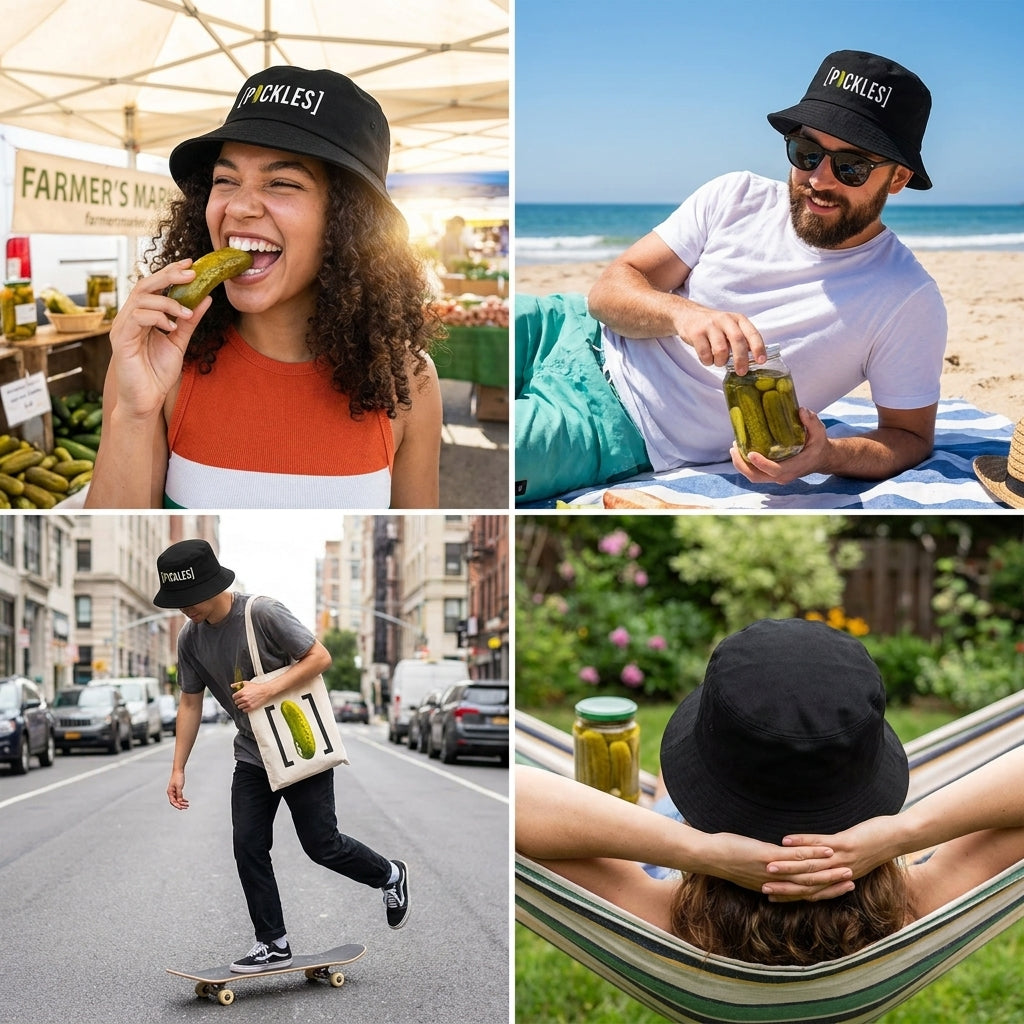 Pickle bucket hat worn outdoors