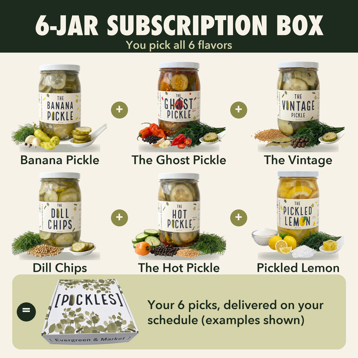 6-Jar Subscription Box — you choose six pickle jars per delivery