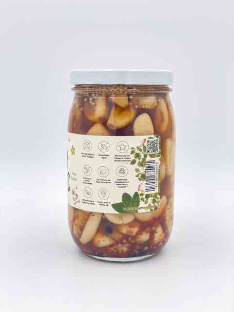 Bold Spicy Pickled Garlic jar back view
