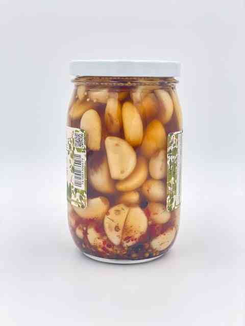 Bold Spicy Pickled Garlic jar side view