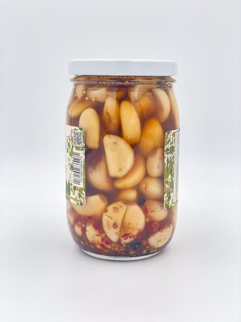 Bold Spicy Pickled Garlic jar side view