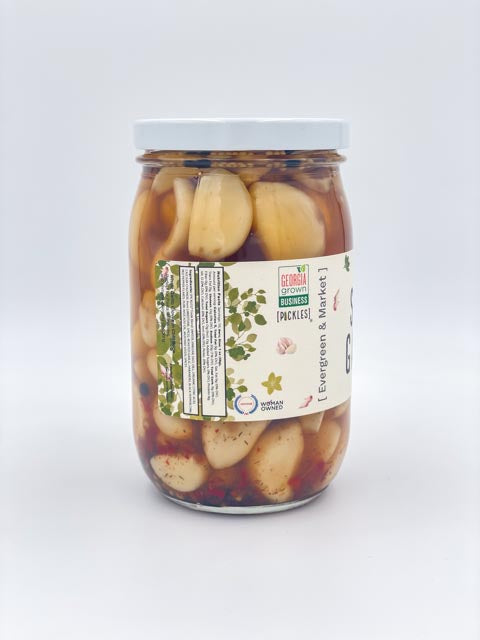 Bold Spicy Pickled Garlic jar side view with label