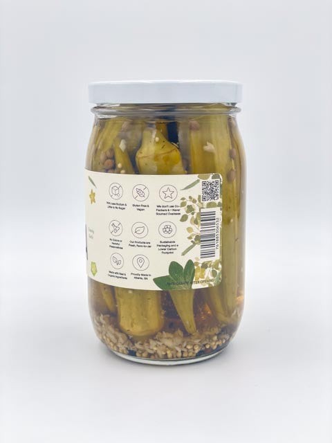 Southern pickled okra jar back view