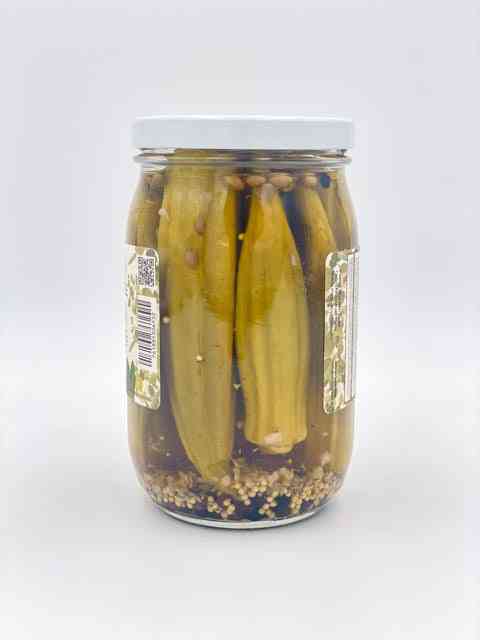 Southern pickled okra jar side view