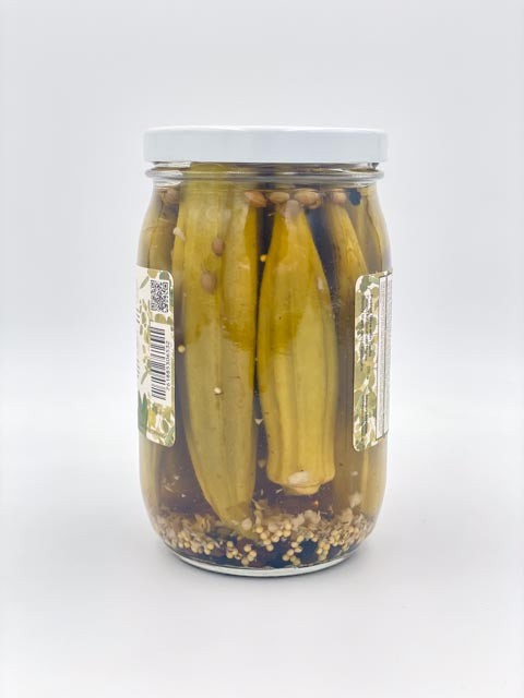 Southern pickled okra jar side view