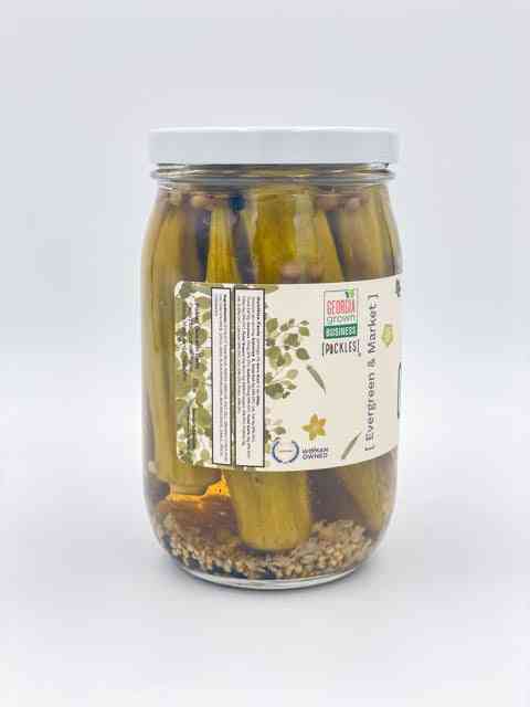 Southern pickled okra jar side view with label