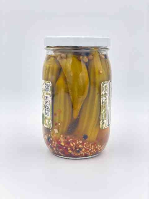 Spicy Crunchy Okra Pickles jar side view