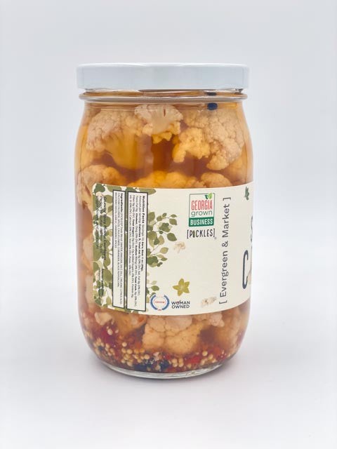 The Spicy Cauliflower Pickles jar side label view