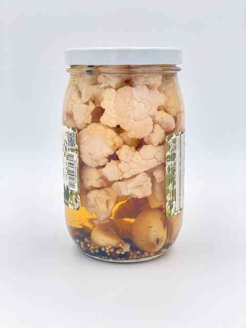 The Cauliflower pickled jar side view