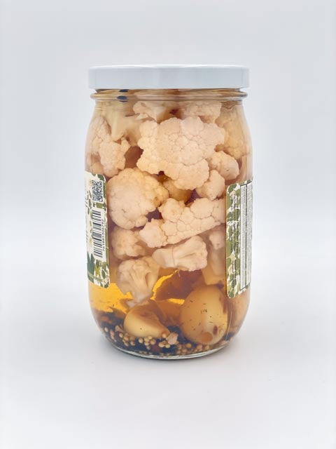 The Cauliflower pickled jar side view