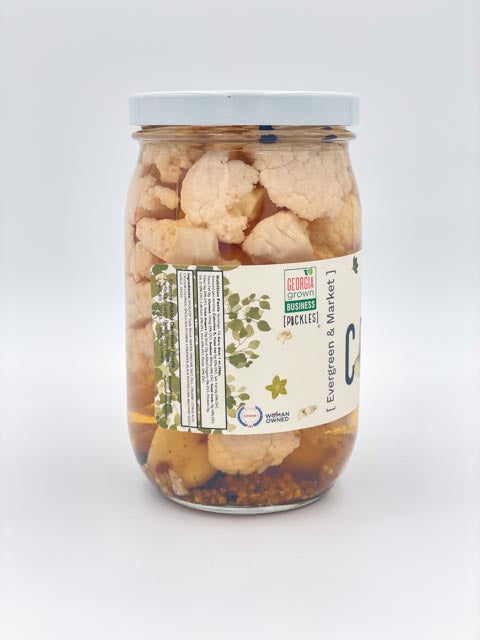 The Cauliflower pickled jar side view with label