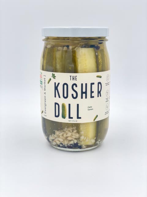 The Kosher Dill spears pickles jar with label