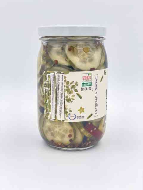 Side view of The New Bread and Butter pickles jar with label