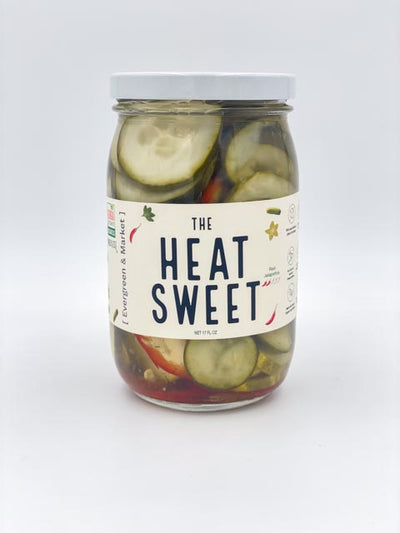Heat and Sweet Pickles jar front view