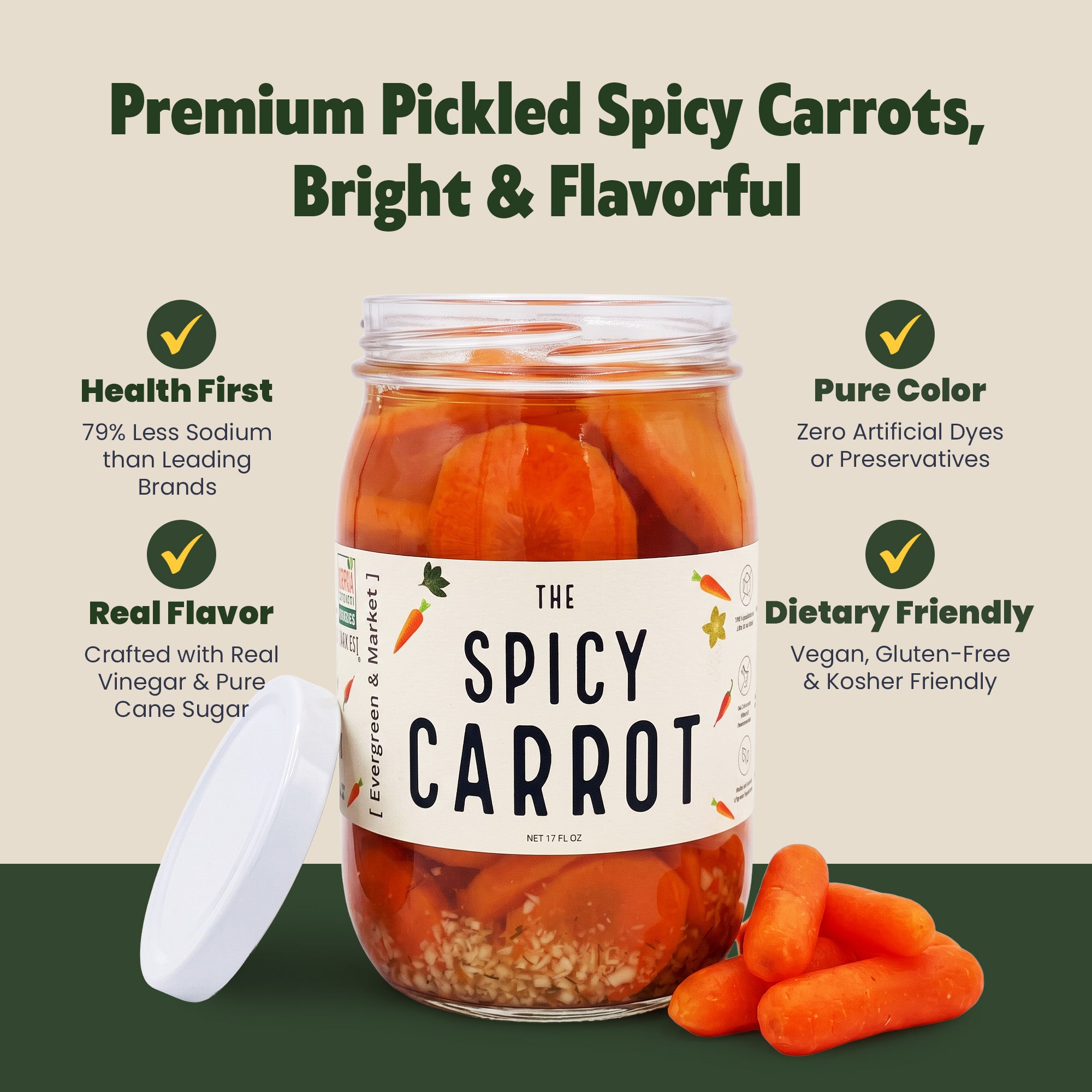 The Spicy Carrots jar front view - spicy pickled carrots - Atlanta Pickles