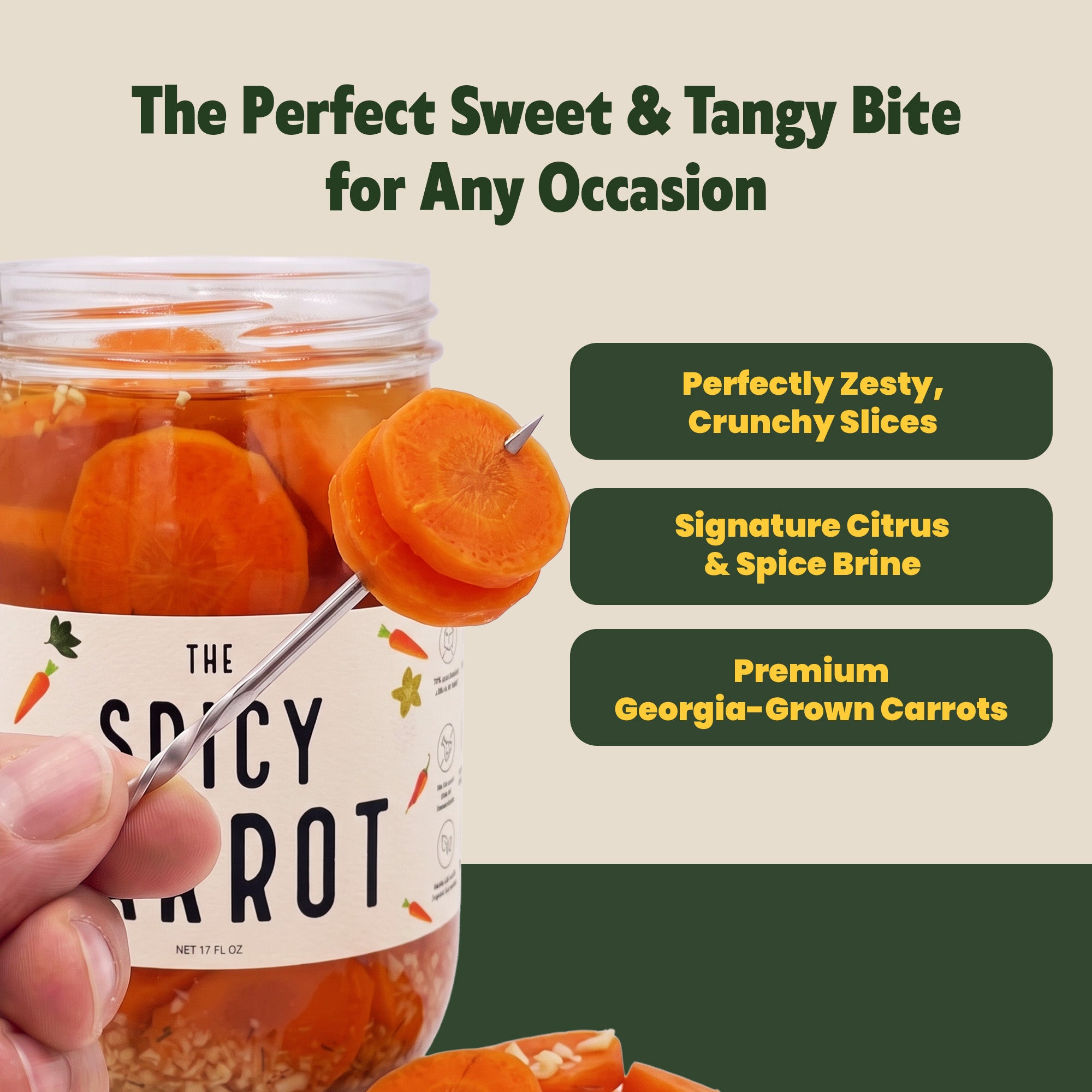 The Spicy Carrots jar angled view - handcrafted spicy pickled carrots - Atlanta Pickles