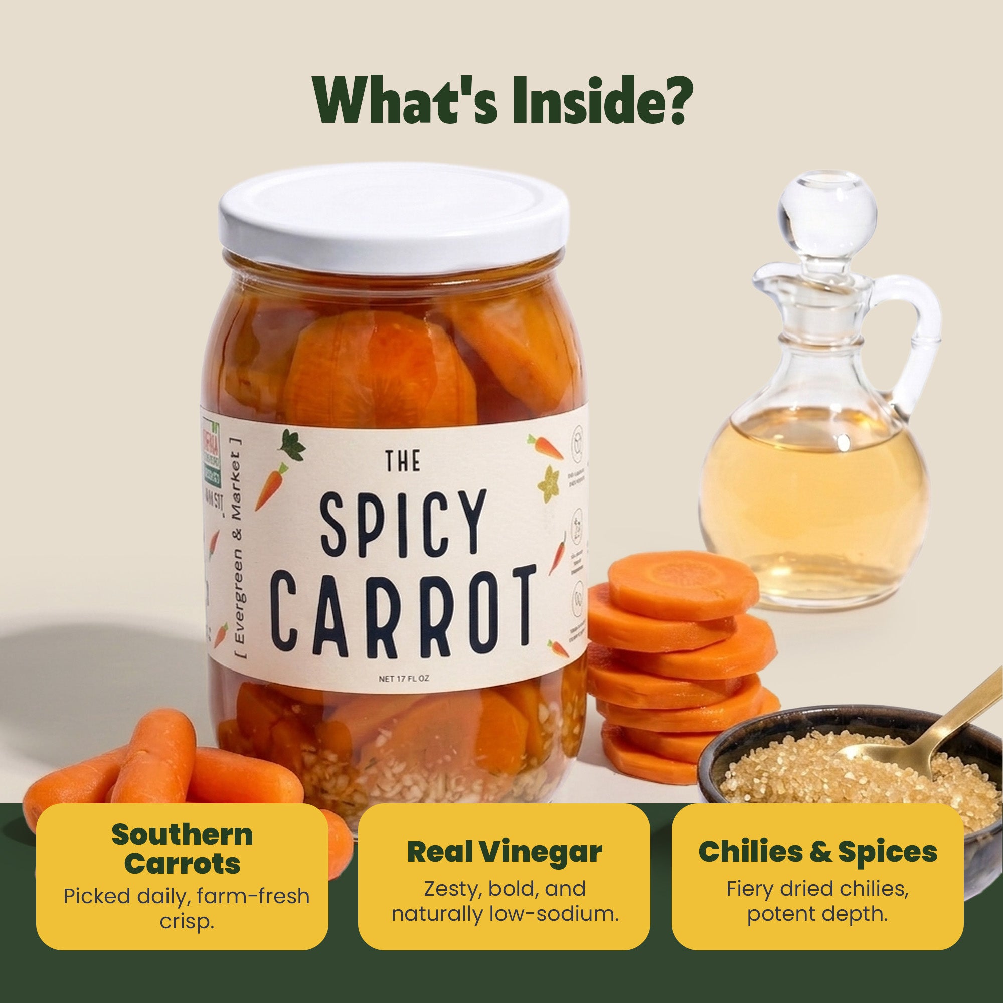 The Spicy Carrots - pickled carrot sticks with chili and garlic, close-up - Atlanta Pickles