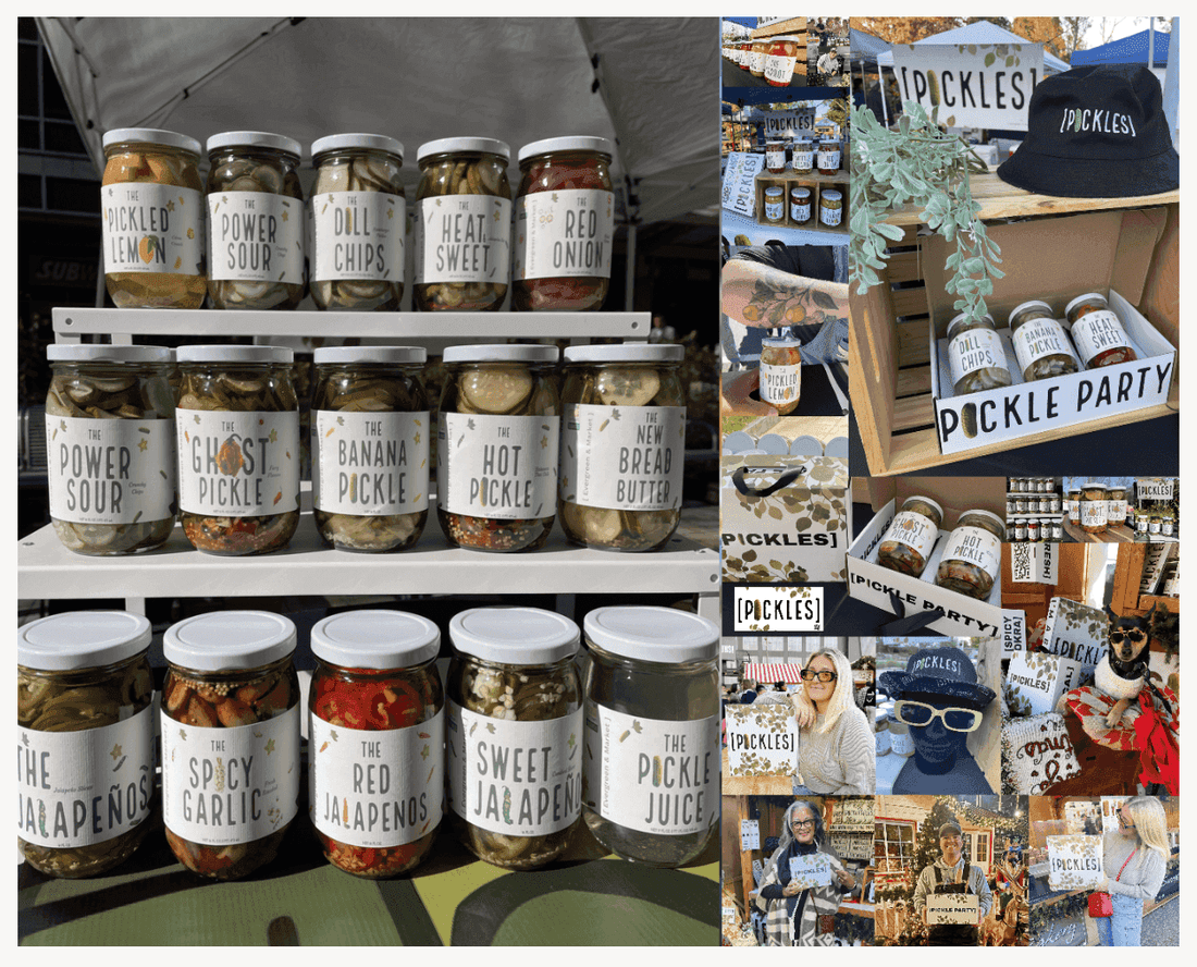 Collage of pickle jars on shelves, Pickle Party gift boxes, [PICKLES] hats and customers at the market