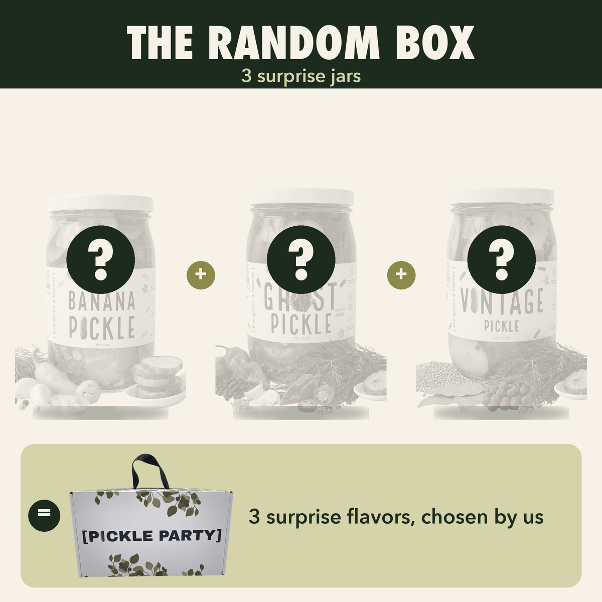 The Random Box — three surprise pickle jars, gift-boxed