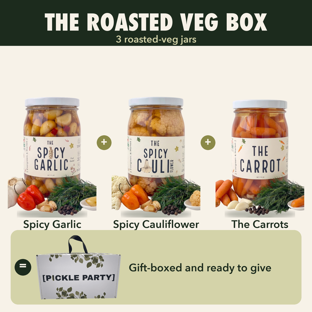The Roasted Veg Box — Spicy Garlic, Spicy Cauliflower and The Carrots, gift-boxed