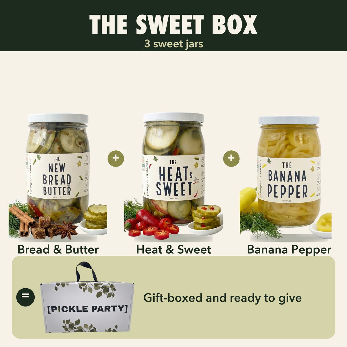 The Sweet Box — Bread & Butter, Heat & Sweet and Banana Pepper, gift-boxed