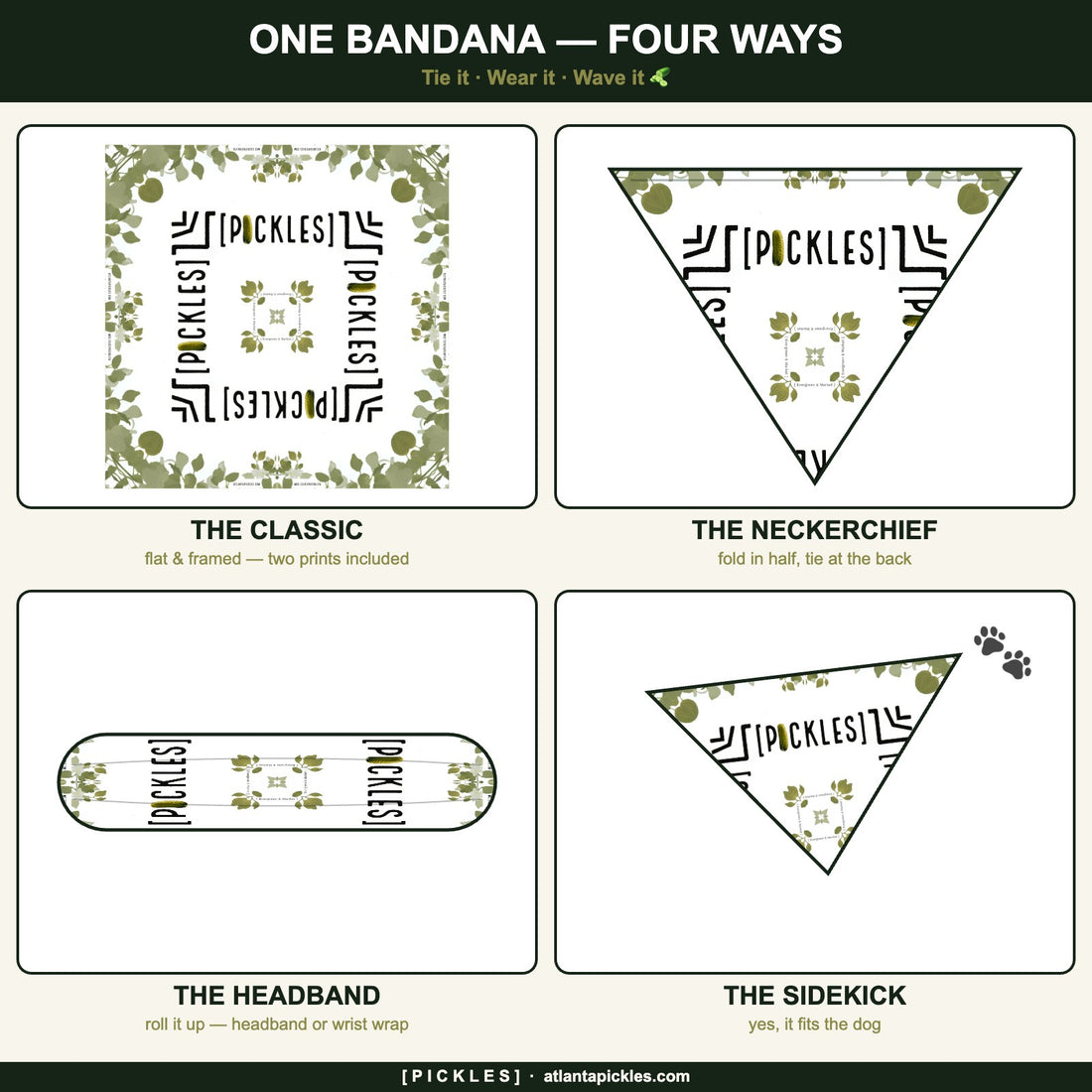 Instruction guide for a multi-way Pickle Bandana with designs for classic, headband, neckerchief, and sidekick styles