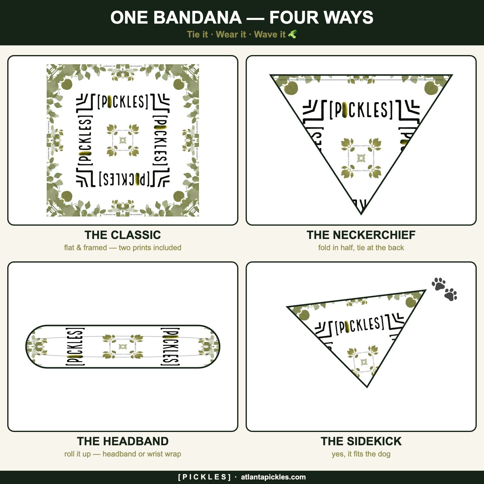 One bandana four ways — classic flat, neckerchief, headband, and dog bandana styling guide