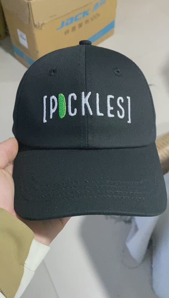 Black Pickle Cap Hat with embroidered [PICKLES] text and green pickle design, adjustable strap, stylish accessory for outdoor use