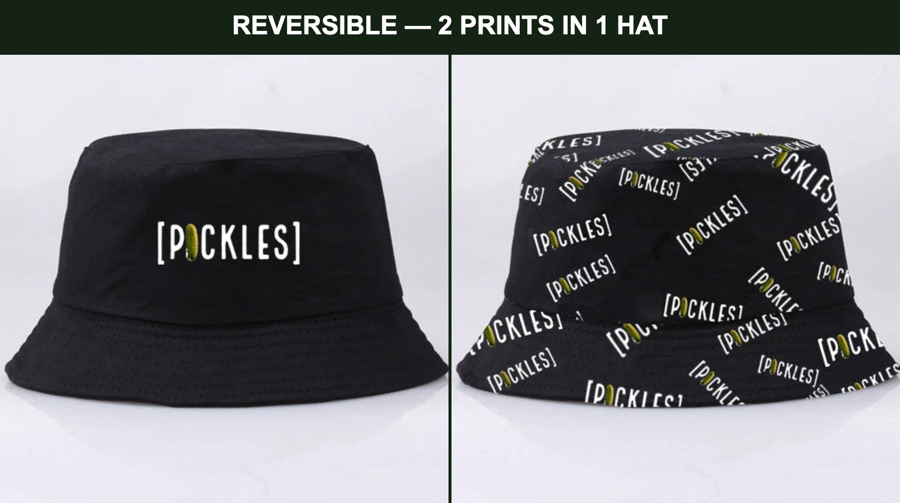 Reversible pickle bucket hat shown both sides — plain logo print and all-over PICKLES print