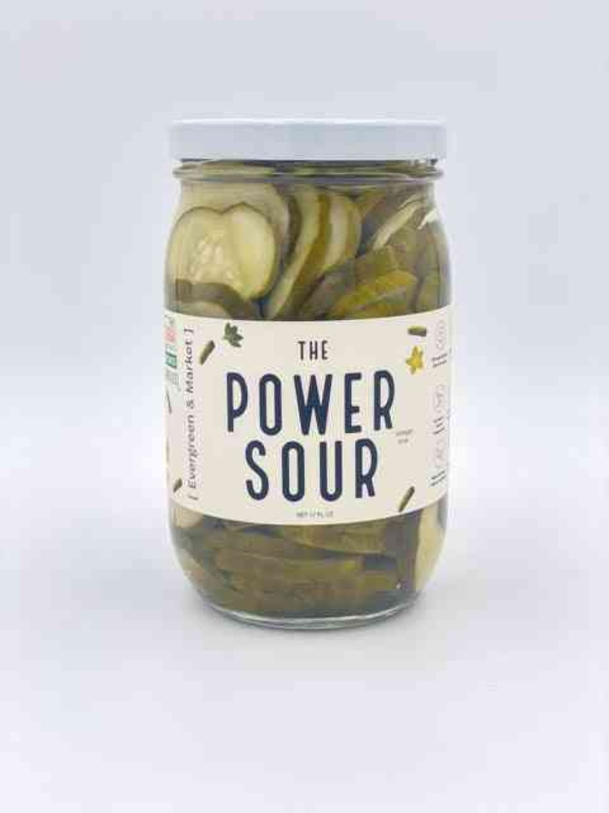 The Power Sour pickles in glass jar